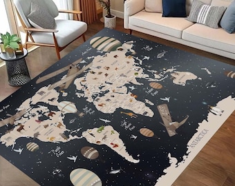 May include: A world map rug with a dark blue background and beige continents. The rug features a cartoon airplane, hot air balloons, and various animals from around the world. The text "ANTARCTICA" is printed in the bottom right corner.