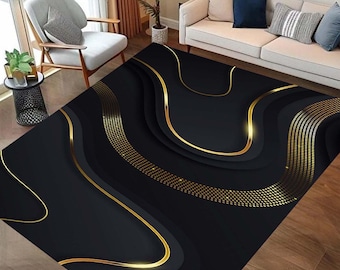 Marble Rug, Luxury Black and Gold Abstract Area Rug, Modern Geometric Living Room Carpet, Sleek Non-Slip Floor Mat, Minimalist Home Decor