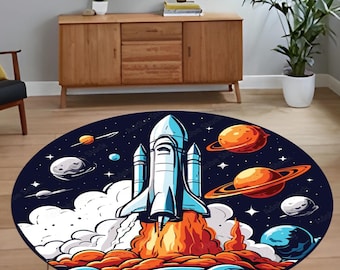 Alfombra redonda espacial con diseño de lanzamiento de cohete, alfombra con diseño de galaxia, tapete para piso con diseño espacial.