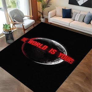 Dywan The World Is Yours, dywan Scarface, odważny motywujący dywanik podłogowy Planet, nowoczesny czarny prezent dekoracyjny dla niego, dla niej, do biura lub akademika