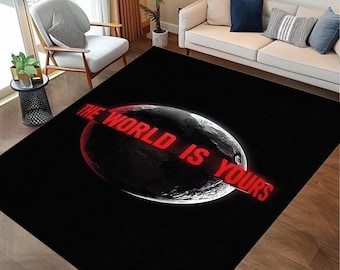 The World Is Yours Rug, Scarface Rug, Bold Motivational Planet Floor Mat, Modern Black Decor Gift for Him, Her, Office or Dorm Room Rug Mat