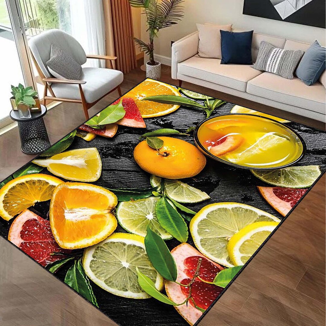 Kitchen Rug, Citrus Fruit Print Area Rug, Vibrant Lemon Orange Carpet ...