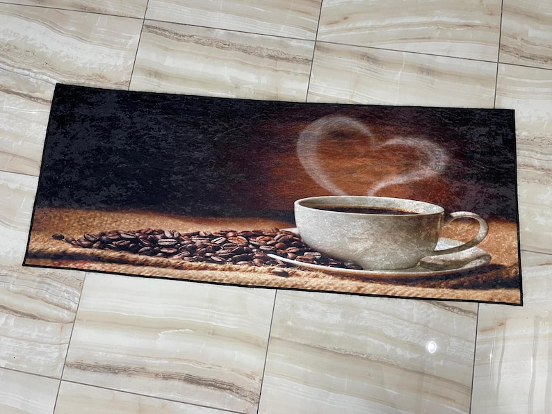 Coffee Heart Pattern Rug, Kitchen Rug, Non Slip Kitchen Rug, Washable Kitchen Rug, Kitchen Runner Rug, Coffee Pattern Rug, Brown Rug, Rugs