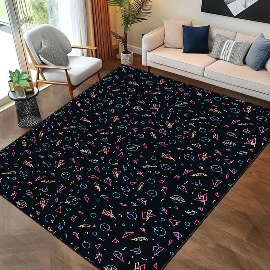 Retro Neon Geometric Rug, 80s 90s Aesthetic Room Decor, Lightning Bolt ...