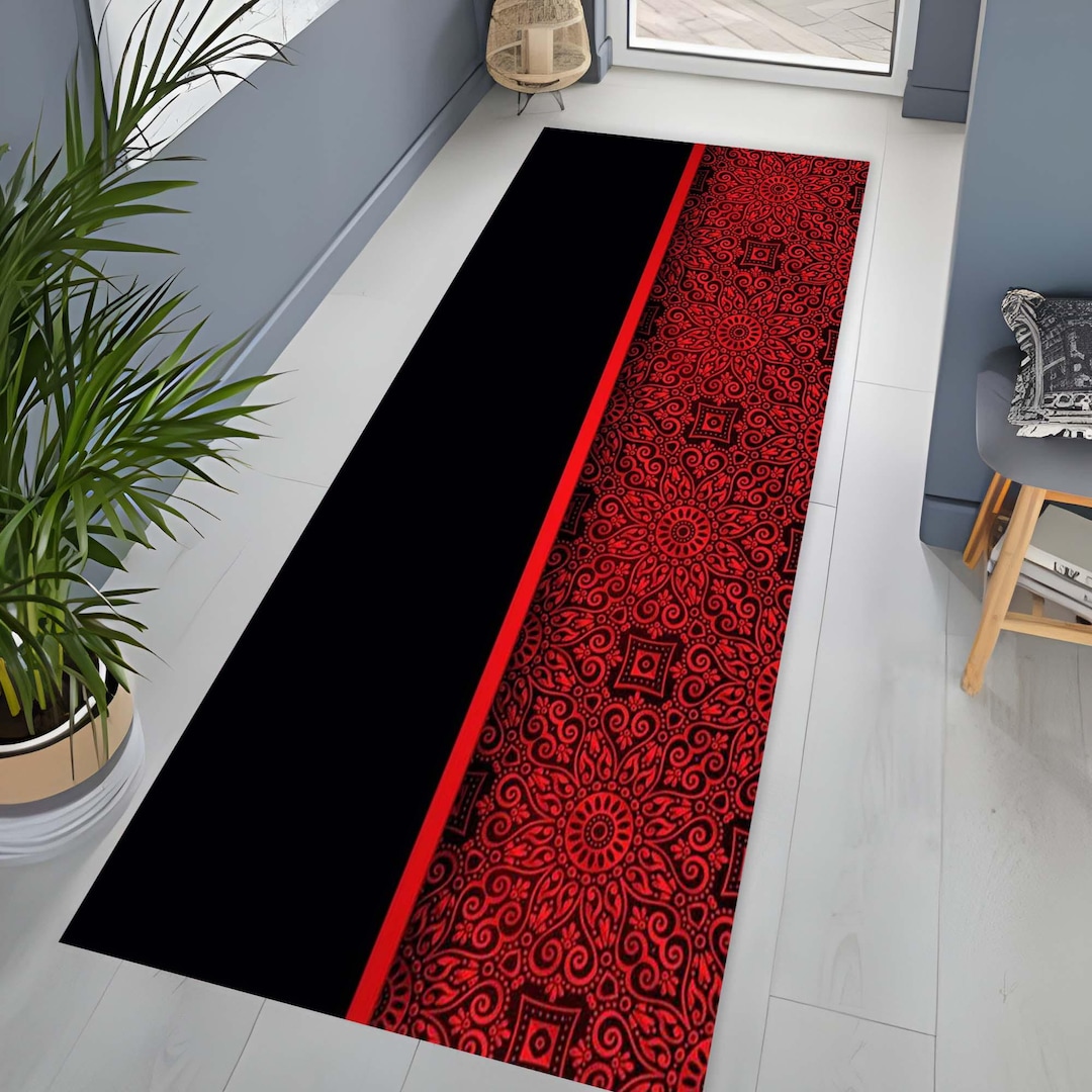 Washable Rug, Black and Red Runner Rug, Elegant Mandala Pattern Rug