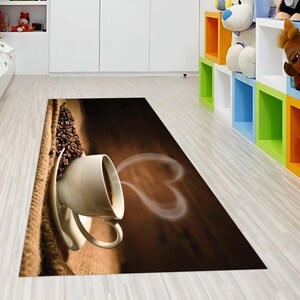 Coffee Heart Pattern Rug, Kitchen Rug, Non Slip Kitchen Rug, Washable Kitchen Rug, Kitchen Runner Rug, Coffee Pattern Rug, Brown Rug, Rugs