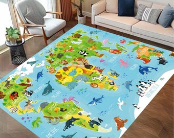Alfombra con mapa, alfombra educativa con mapa del mundo, alfombra de aprendizaje de animales para niños, alfombra para sala de juegos, decoración geográfica interactiva