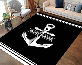 Yacht Rug, Boat Rug, Anchor Area Rug with Retro Look, Oriental Look Anchor Patterned Carpet, Anchor Carpet, Sea Area Rug, Sea Area Carpet,