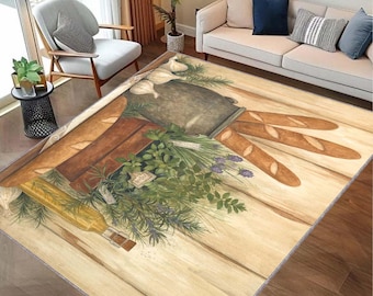 Area Rug, Rustic French Kitchen Rug, Farmhouse Bread  Herbs Area Rug, Vintage Country Home Decor,Cozy Kitchen Mat, Housewarming Gift Rug Mat