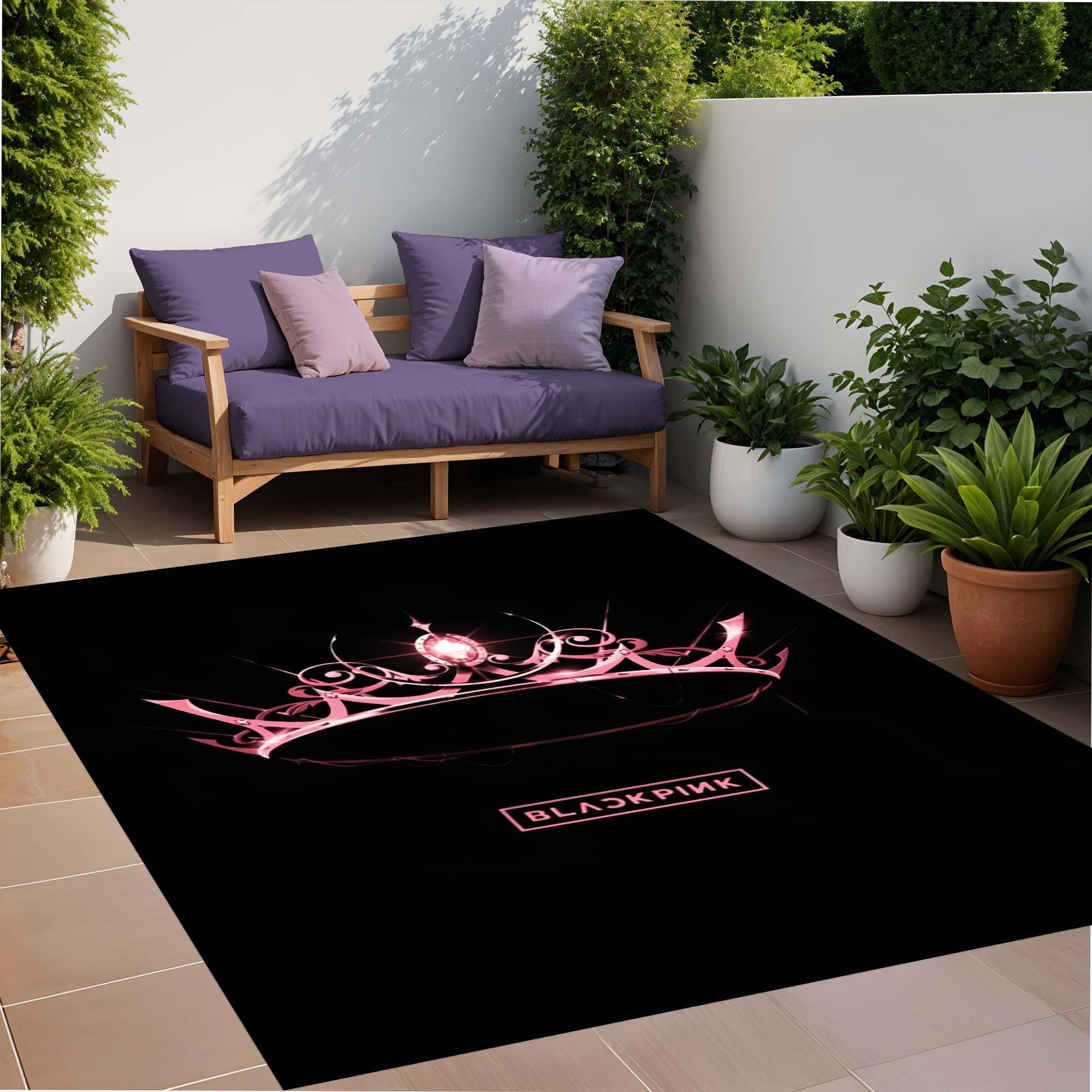 Luxury Black and Pink Crown Rug, Modern BLACKPINK Inspired Floor