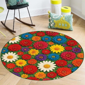 Bunter Teppich rund, Kreis Teppich, Gänseblümchenteppich, Bodenteppich, Fußmatte, Naturteppich, Blumenteppich, Blumenteppich, Waschbar