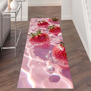 Entryway Rug, Kitchen Rug, Strawberry Runner Rug - Pink Aesthetic Hallway Rug, Modern Fruit Print Kitchen Rug, Cute Gift Strawberry Lovers