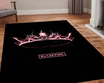 Luxury Black and Pink Crown Rug, Modern BLACKPINK Inspired Floor