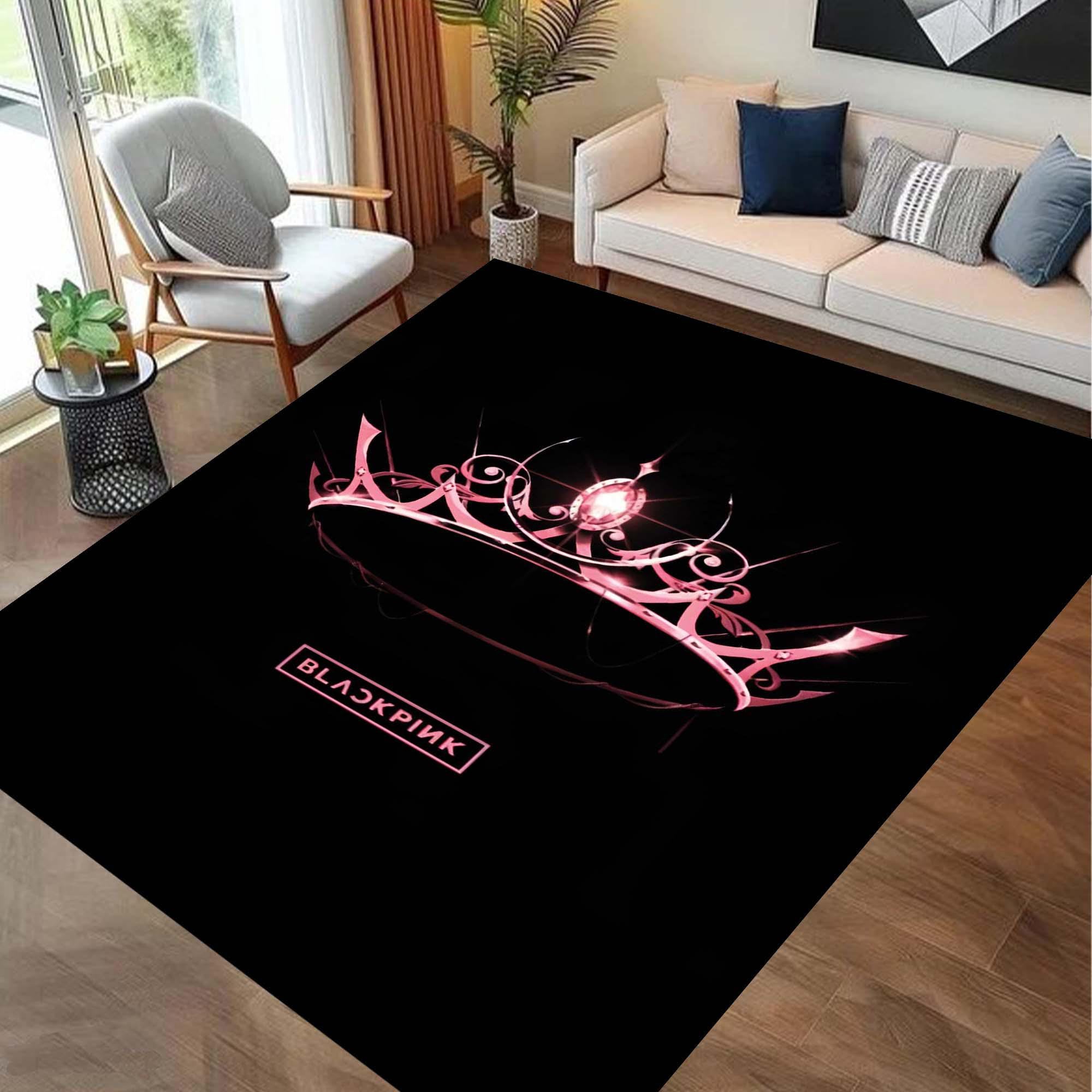 Luxury Black and Pink Crown Rug, Modern BLACKPINK Inspired Floor