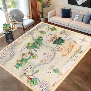 Kaarttapijt, kinderkamertapijt, zachte vloerkleedmat, grillig kaartontwerp gebiedtapijt, geïllustreerd tapijt met avontuurthema, vloerkleed, uniek cadeau-idee vloerkleed