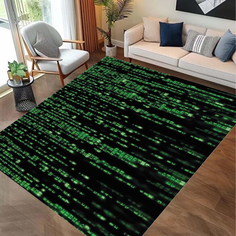 Washable Rug, Soft Rug, Cyber Matrix Code Rug, Futuristic Gamer Rug, Green Digital Aesthetic Mat, Sci-Fi Decor, Tech Lover Gift, Geek Home