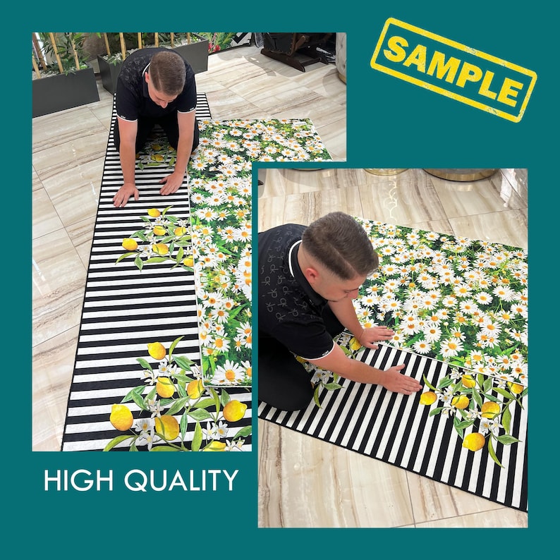 May include: Two black and white striped rugs with a floral and lemon design. The rugs are laid out on a floor and a person is kneeling on each rug. The text "HIGH QUALITY" is printed on the bottom of the image.