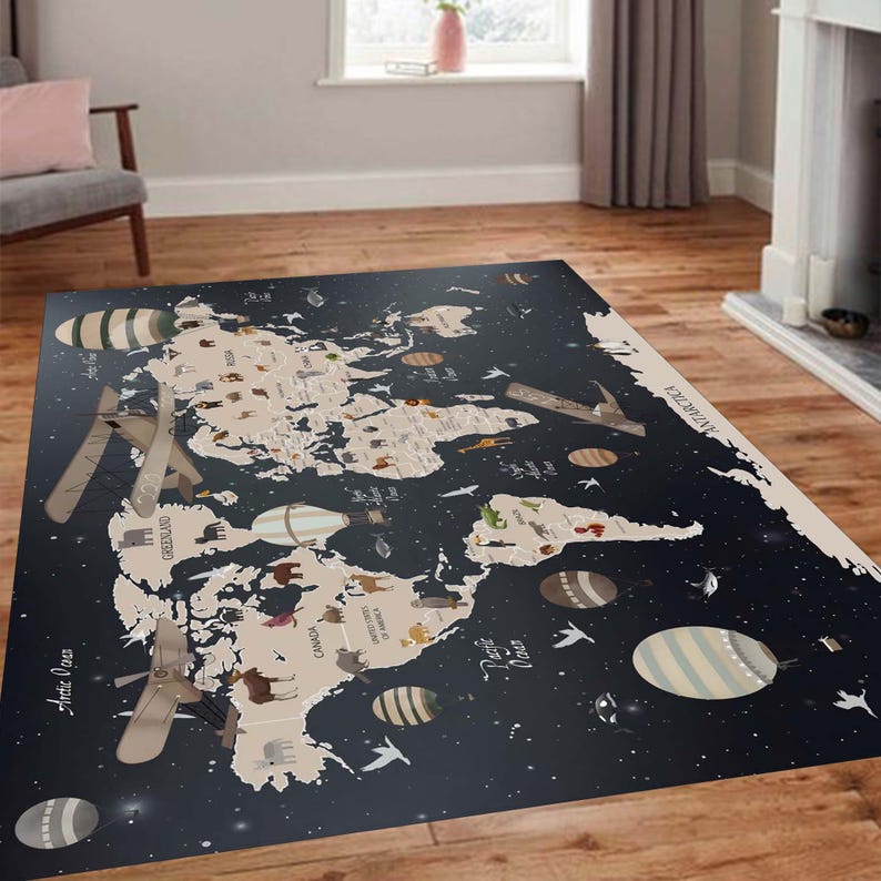 World Map Area Rug, Animal Adventure Carpet, Educational Playroom Floor ...