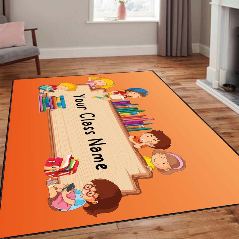 May include: Orange rug with a wooden sign that says "Your Class Name". The sign is surrounded by cartoon children holding books.