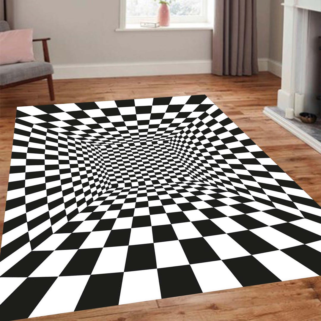 3D Optical Illusion Checkered Area Rug, Modern Black and White Salon ...