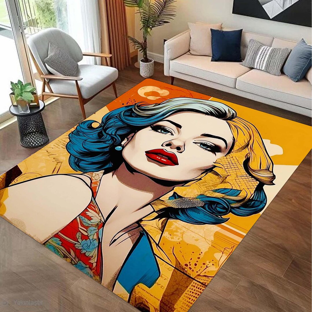 Pop Art Woman Rug, Retro Comic Style Area Rug, Bold Female Portrait Rug ...