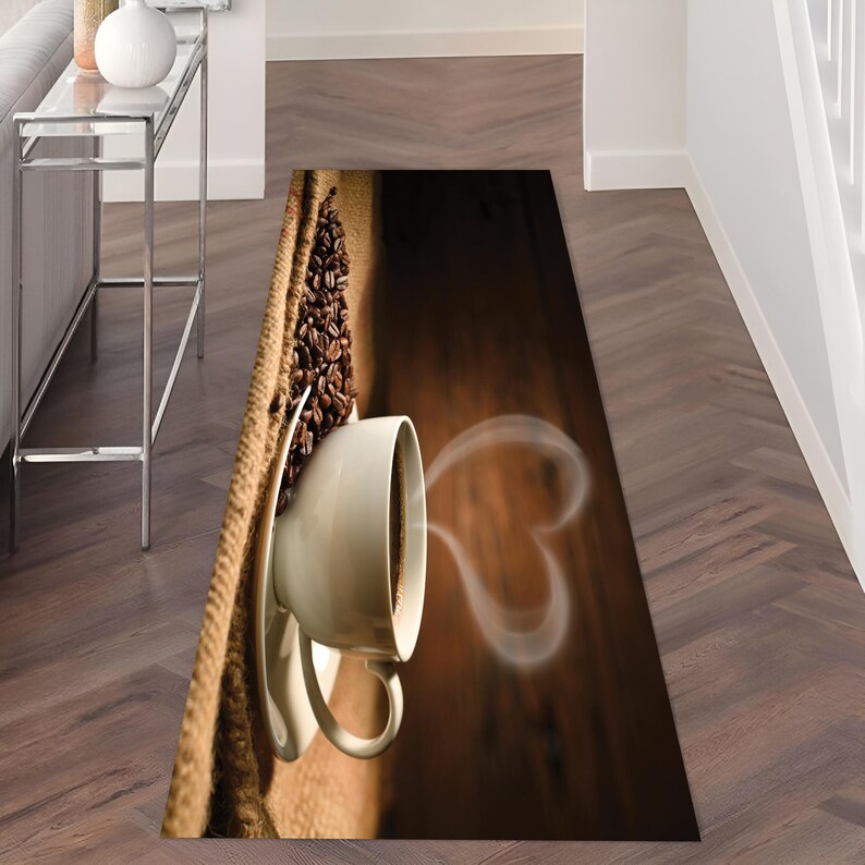 Coffee Heart Pattern Rug, Kitchen Rug, Non Slip Kitchen Rug, Washable Kitchen Rug, Kitchen Runner Rug, Coffee Pattern Rug, Brown Rug, Rugs