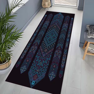 Ethnic Geometric Runner Rug, Intricate Modern Tribal Design,  Black and Blue Hallway Carpet, Unique Home Decor Gift for Him or Her Rug Mat