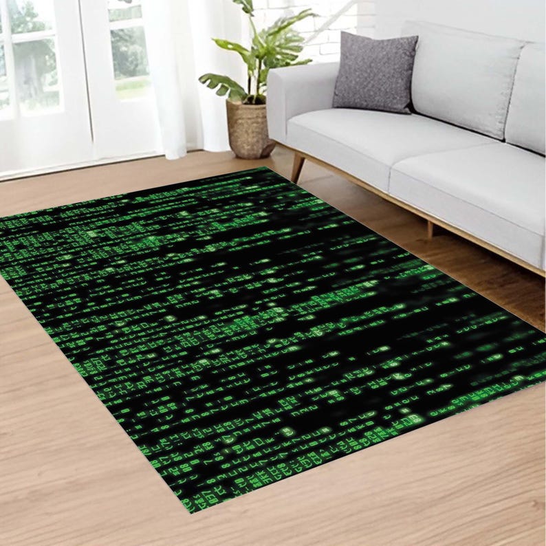 Washable Rug, Soft Rug, Cyber Matrix Code Rug, Futuristic Gamer Rug, Green Digital Aesthetic Mat, Sci-Fi Decor, Tech Lover Gift, Geek Home