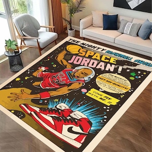 Space Jordan Basketball Rug, NBA Rug, Soft Rug, Retro Comic Style Area Rug, Cool Gift for Him Rug,  Sneakerhead Decor Rug, Gamer Room Rug