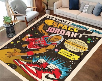 Space Jordan Basketball Rug, NBA Rug, Soft Rug, Retro Comic Style Area Rug, Cool Gift for Him Rug,  Sneakerhead Decor Rug, Gamer Room Rug
