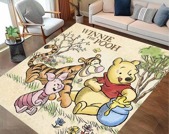 Winnie Round Rug, Pooh Floor Carpet, Forest Non Slip Circle Rugs, Cartoon Rubber Backing Mat, Kids Area Rugs, Washable Kids Rug, Cartoon Rug