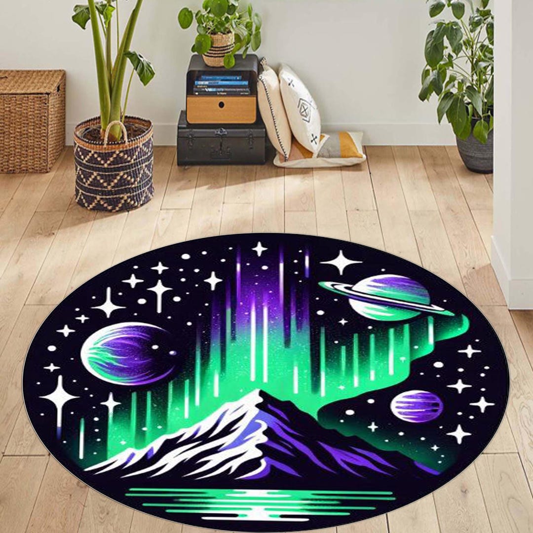 Northern Lights Rug, Round Galactic Mountain Rug, Space Aurora Northern ...