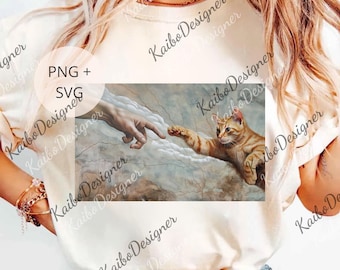 May include: Cream-colored t-shirt featuring a humorous parody of Michelangelo's 'The Creation of Adam.' The artwork depicts a hand reaching out to touch a ginger cat's paw. Text on the shirt reads 'PNG + SVG'.