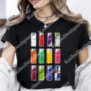 a woman wearing a black t - shirt with a colorful design on it