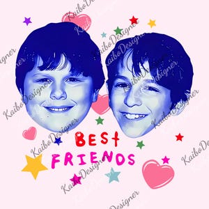 May include: A digital illustration featuring two smiling faces in blue tones, with the words "BEST FRIENDS" in red, pink, and green. Pink hearts and colorful stars decorate the light pink background.