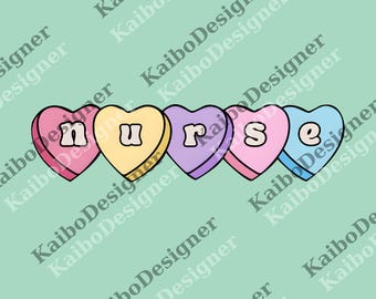 Puede incluir: Diseño gráfico con cinco caramelos en forma de corazón en rosa, amarillo, morado, rosa y azul. Cada caramelo tiene una letra que deletrea "nurse" en blanco y negrita. El fondo es de color verde claro.