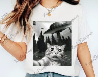 Grappige ufo kat selfie digitaal, Alien en kat png, cool dierenvriend cadeau, eigenzinnige ruimtekat svg, kattenhumor svg, domme Brainrot kat png