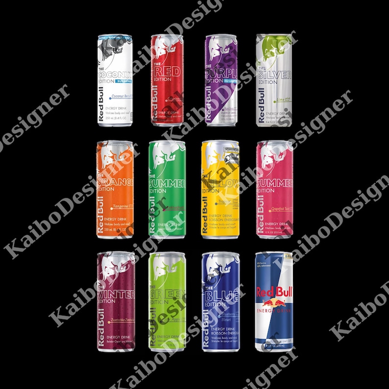 a group of six cans of soda on a black background