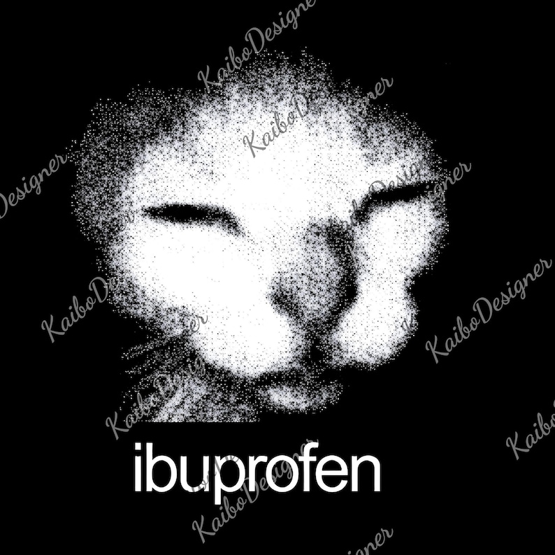 A close-up black and white image of a cat's face, with the word "ibuprofen" written below it.