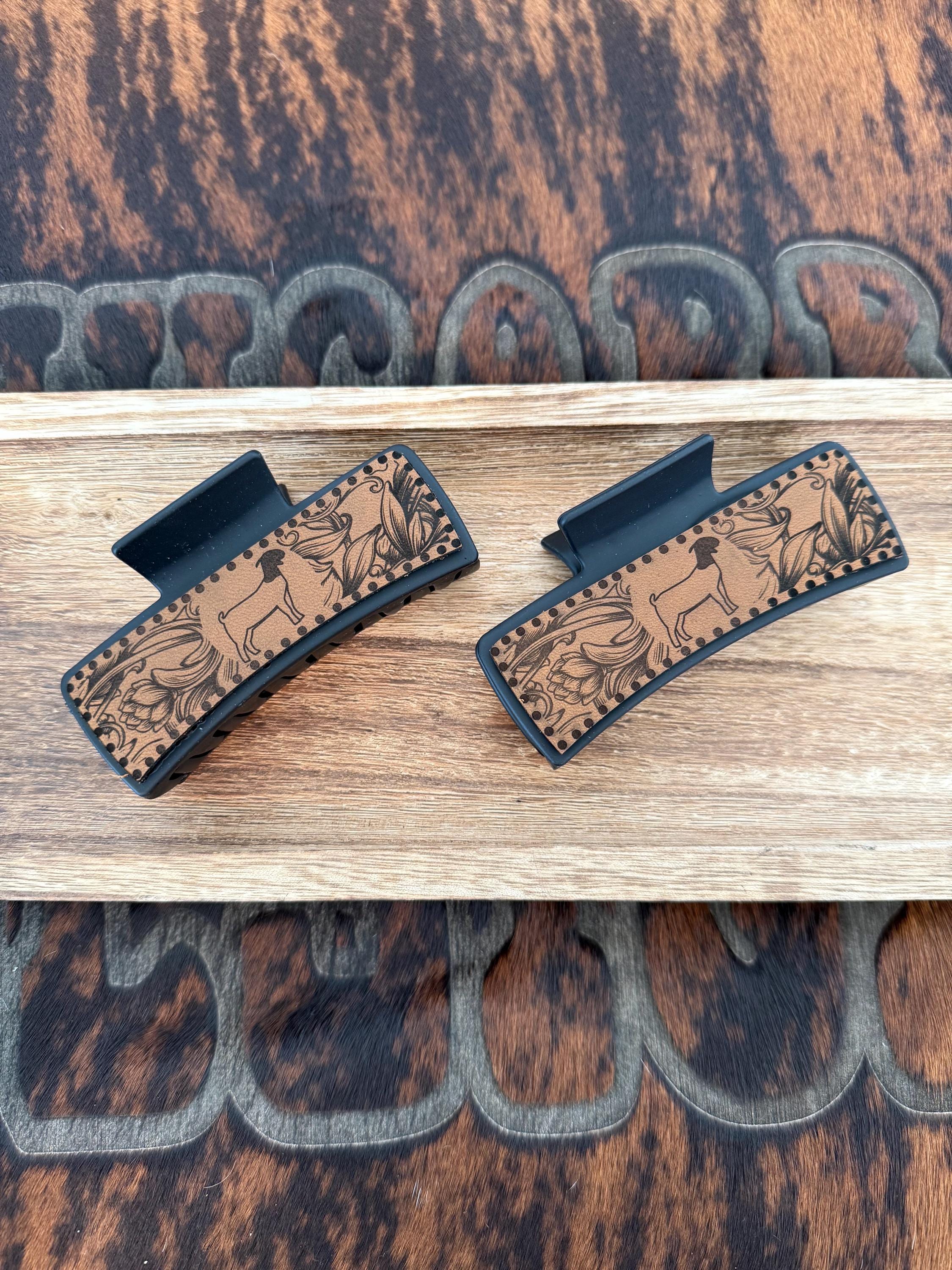 Laser Engraved Leather Show Goat Claw Clip - 4 Inch