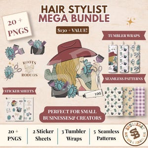 May include: A digital graphic bundle titled Hair Stylist Mega Bundle featuring 20 PNG files, sticker sheets, tumbler wraps, and seamless patterns. The central illustration shows a person in a maroon hat with hair tools, cacti, and scissors.