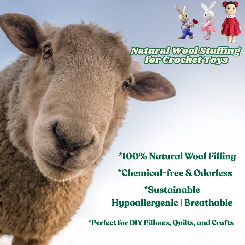 May include: A close-up of a sheep's face with text advertising "Natural Wool Stuffing for Crochet Toys." The text also highlights that the wool is 100% natural, chemical-free, odorless, sustainable, hypoallergenic, and breathable. Crochet toys are also shown.