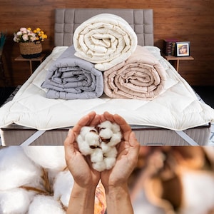 May include: A bed with a white mattress cover and three rolled-up blankets in cream, gray, and beige. The image also shows a close-up of cotton bolls in someone's hands, highlighting the natural material of the bedding.