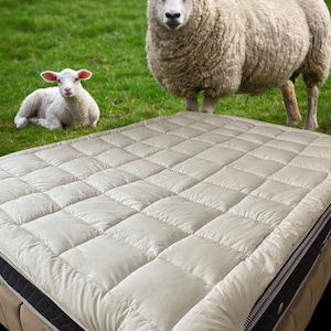 May include: A beige quilted mattress topper with a black border is displayed. Two sheep are in the background on a green grassy field. One sheep is standing, and the other is lying down.