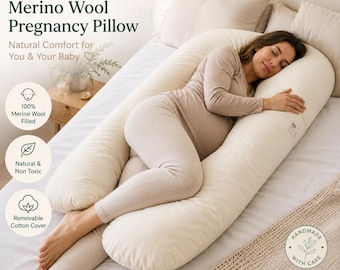 Organic Merino Wool Pregnancy Pillow, U Shaped Maternity Pillow, Adjustable Wool Fill, Full Body Support, Organic Cotton Cover, Non Toxic
