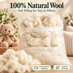 May include: A clear plastic bag filled with off-white, fluffy 100% natural wool, labeled as soft filling for toys and pillows. A small pile of the same loose, fibrous wool sits in front of the bag, which is textured and soft in appearance.