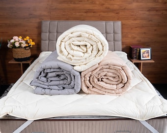 Handmade Natural Wool Quilt, All Season Wool Comforter, Breathable Hypoallergenic Bedding, Eco Friendly Temperature Regulating