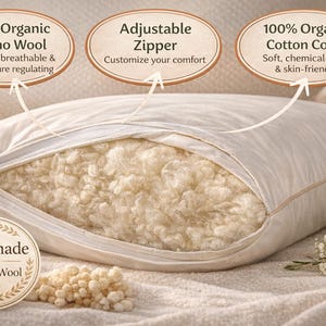 Cuscino fatto a mano in lana merino biologica, fodera in cotone, cerniera regolabile