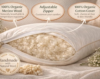 Handmade Organic Merino Wool Pillow, Cotton Cover, Adjustable Zipper