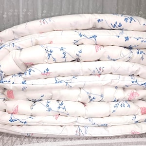Könnte beinhalten: Eine gefaltete weiße Bettdecke mit einem wiederkehrenden Muster aus zarten blauen Ranken und kleinen rosa Blüten. Der gesteppte Stoff hat eine weiche, gepolsterte Textur mit sichtbaren Nähten, die horizontale Schichten bilden.